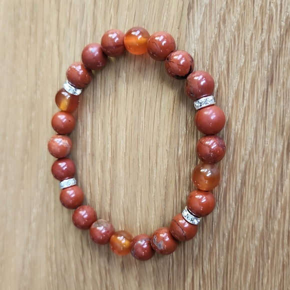 Red Jasper & Carnelian Bead Stretch Hand Crafted Bracelet - Picture 5 of 11